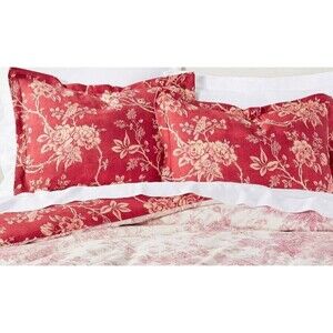 Pair (2) Pottery Barn DARLA TOILE Cotton Linen Red Ivory Standard Shams EUC